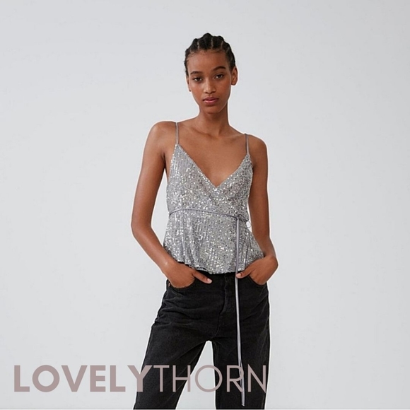 ZARA // silver sequin wrap top - Picture 5 of 8
